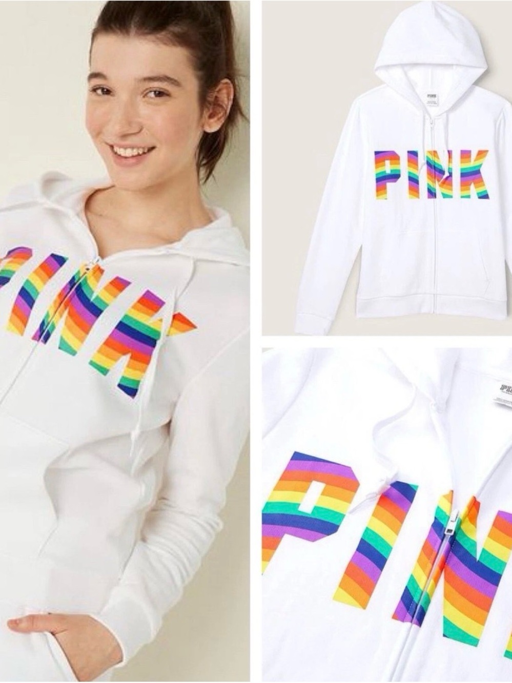 PINK Victoria's Secret White Zip Hoodie with Rainbow Logo